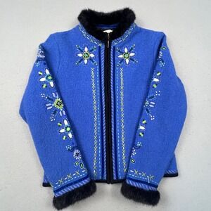 Carson Wool Embroidered Jacket Womens Small Blue Faux Fur Trim Boho Folk Art‎